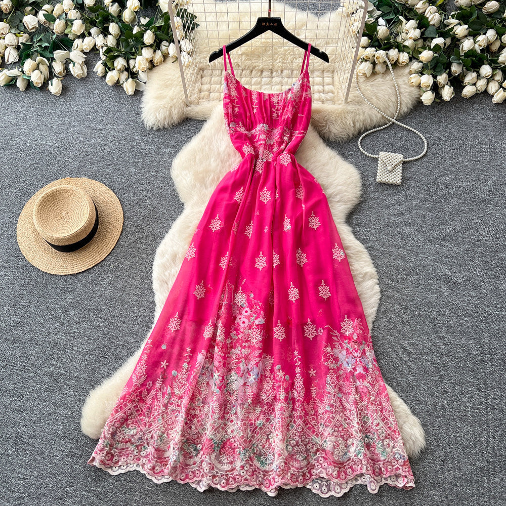 Vacation-style printed cami dress - romantic floral embroidery, korean high-waisted slimming maxi dress for women's summer
