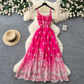 Vacation-style printed cami dress - romantic floral embroidery, korean high-waisted slimming maxi dress for women's summer