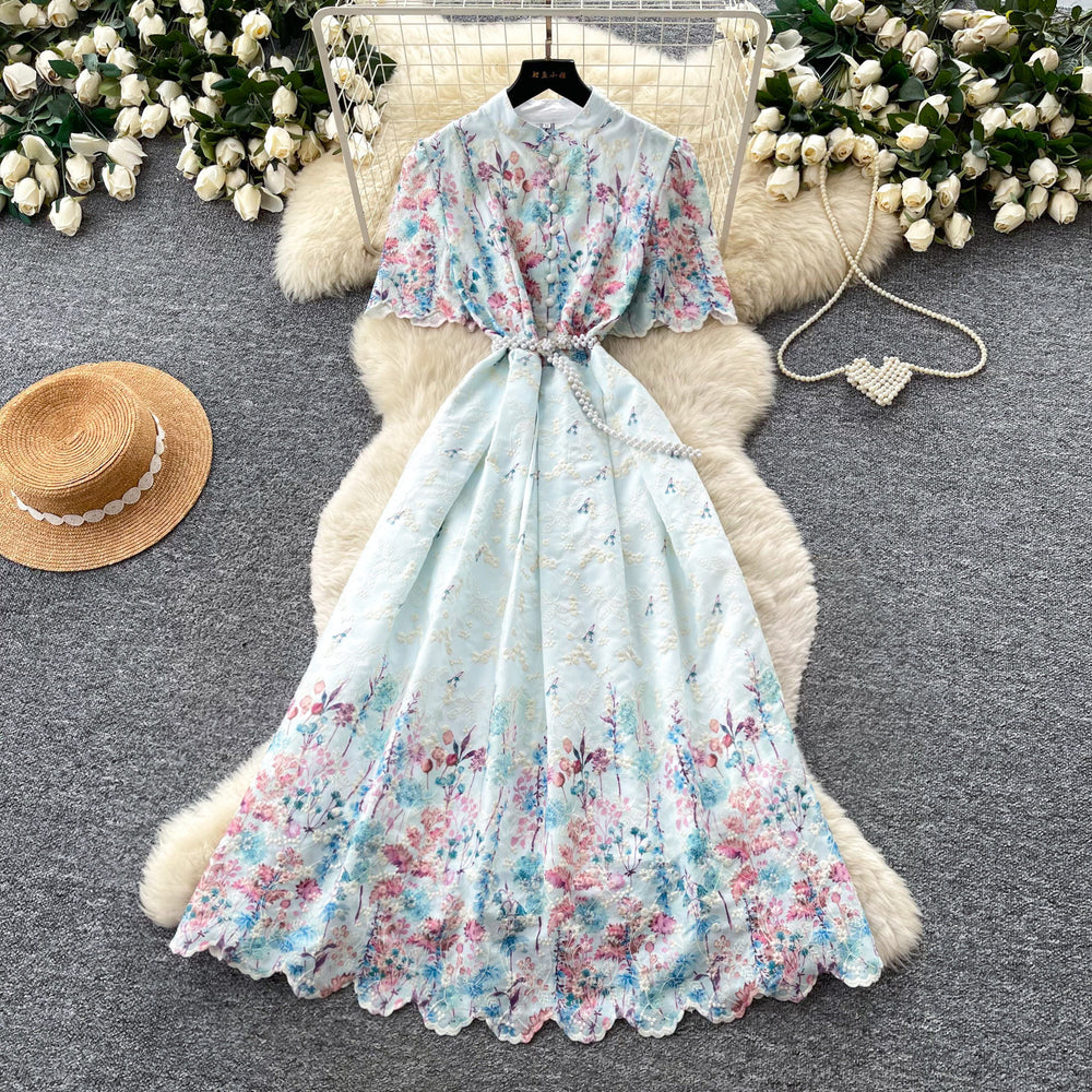 Vintage floral hollow-out short sleeve lace embroidery dress - women's summer high-waisted a-line maxi dress - slimming and elegant
