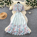 Vintage floral hollow-out short sleeve lace embroidery dress - women's summer high-waisted a-line maxi dress - slimming and elegant