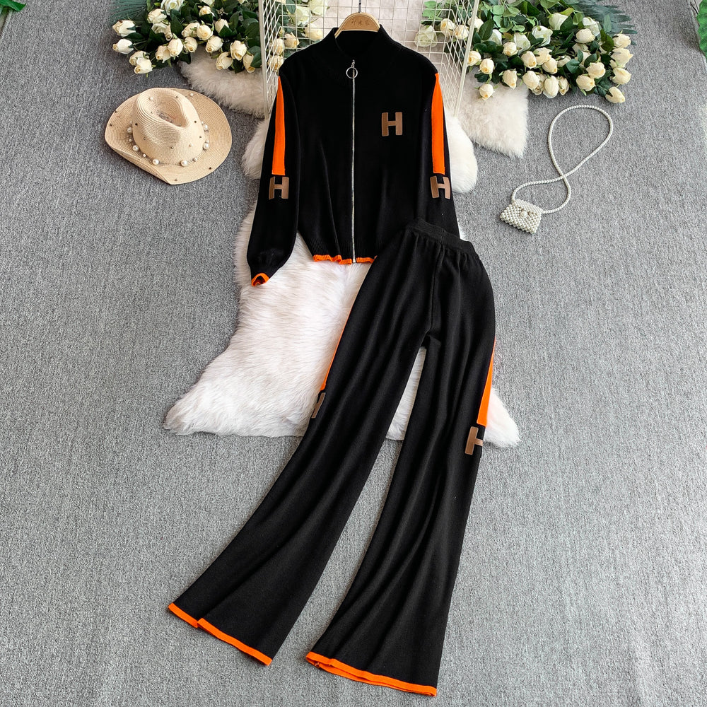 Fashionable activewear set: casual zip-up stand collar long sleeve knit jacket + high-waisted slimming wide-leg pants with double stripes