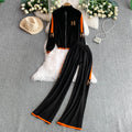 Fashionable activewear set: casual zip-up stand collar long sleeve knit jacket + high-waisted slimming wide-leg pants with double stripes