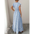 Shipped: cross-border european and american women's summer floral maxi dress with ruffle trim, v-neck, short sleeves, and a-line silhouette