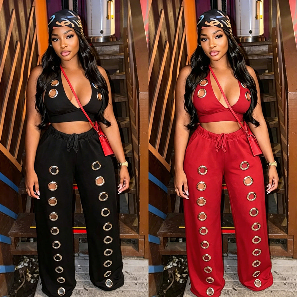 C7712 cross-border   fashion women's fashion trendy eyelet loose straight wide leg pants suit