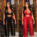 C7712 cross-border   fashion women's fashion trendy eyelet loose straight wide leg pants suit