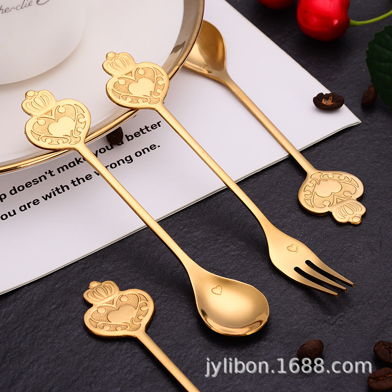 Crown Stainless Steel Spoon Heart Spoon and Fork Gift Box Set Creative Coffee Stir Honey Bird's Nest Dessert Gift Spoon