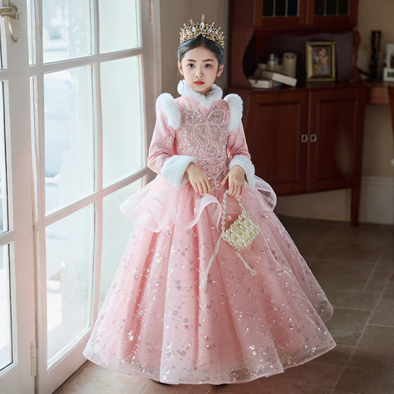 Girls' winter wedding dress, little girl's piano performance outfit, children's formal dress, fleece-lined thickened princess dress