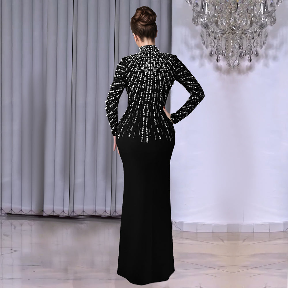 C7379 cross-border   fashion women's elegant long-sleeve beaded and rhinestone arm-covering dress