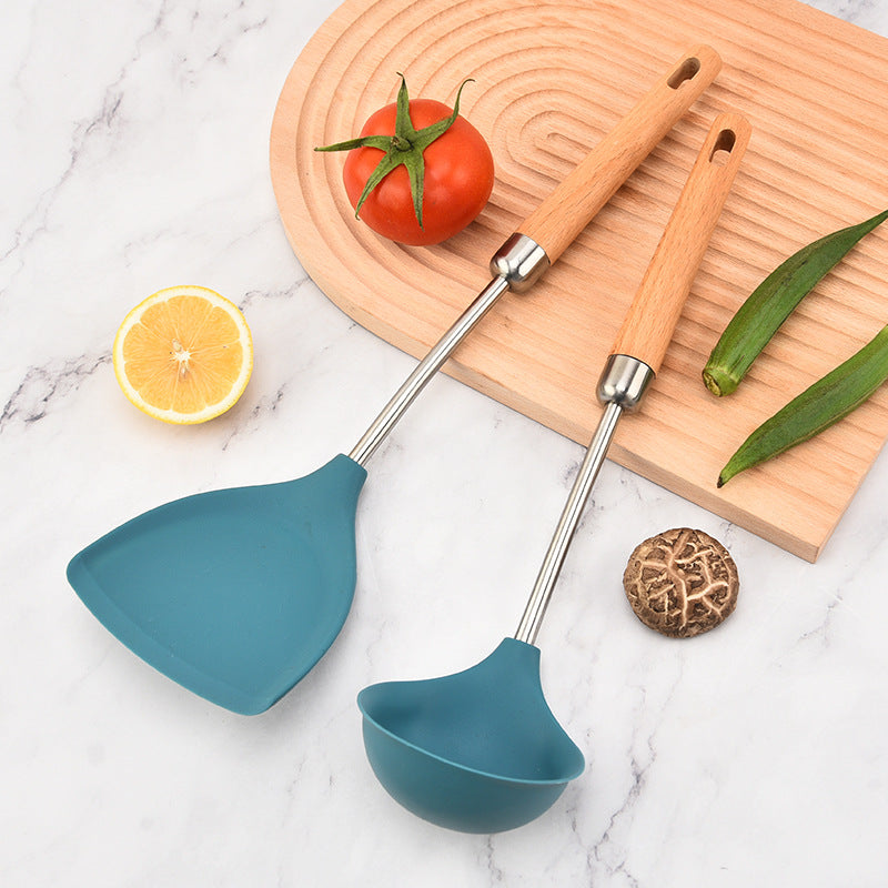 Food grade 304 stainless steel pipe handle cooking shovel household beech handle spoon shovel non-stick pan silicone kitchenware