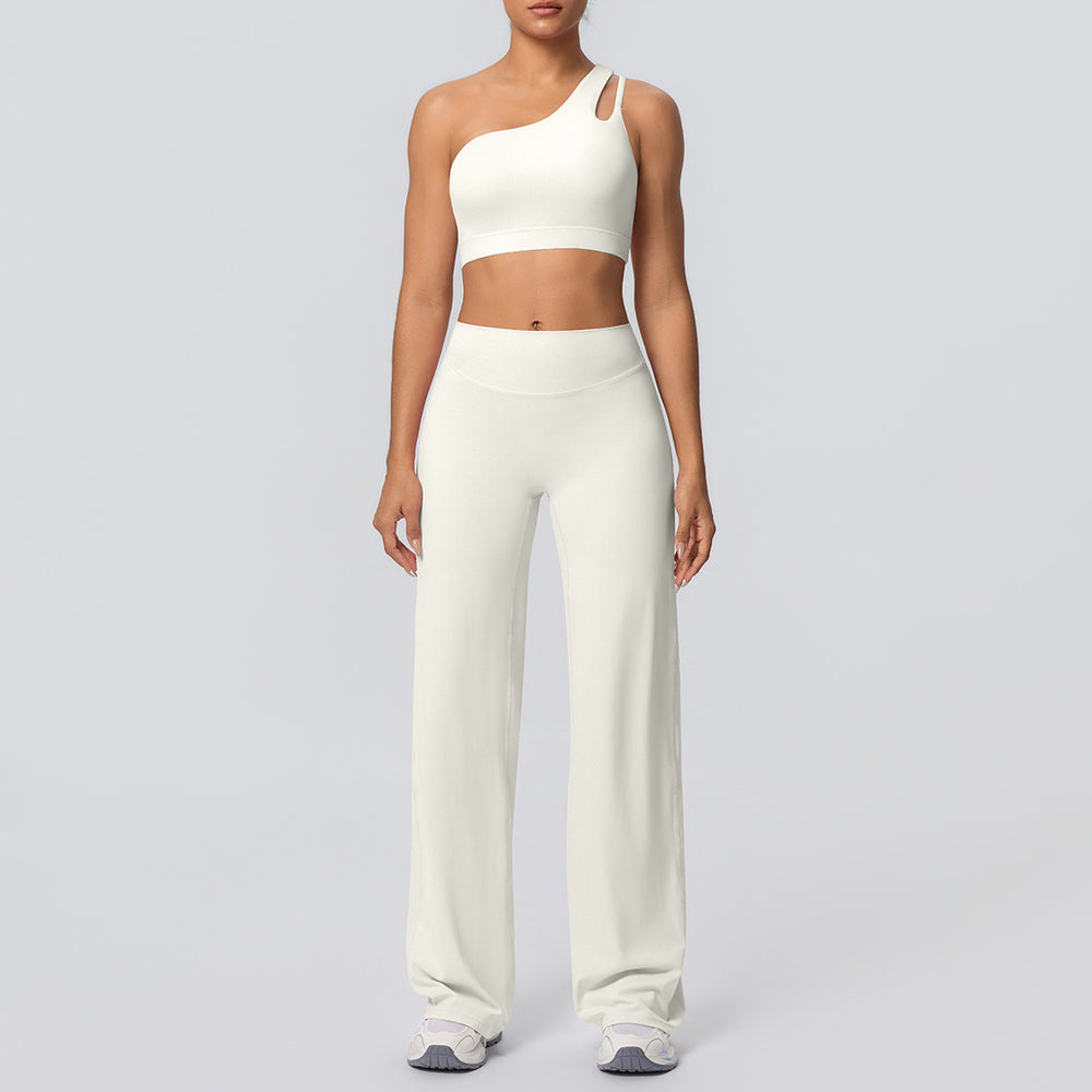 Cloud-feel casual one-shoulder racerback high-waisted butt-lifting straight-leg wide-leg activewear yoga set for women - perfect for outdoor running and fitness