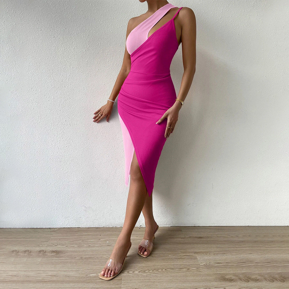 European and American  sexy wind diagonal collar dress hollow high waist pullover solid color long hip skirt children