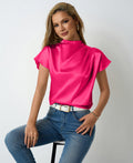 Real shot of cross-border hot-selling new arrival round neck short-sleeved satin t-shirt satin spring and summer women's left shoulder pleated tops wholesale