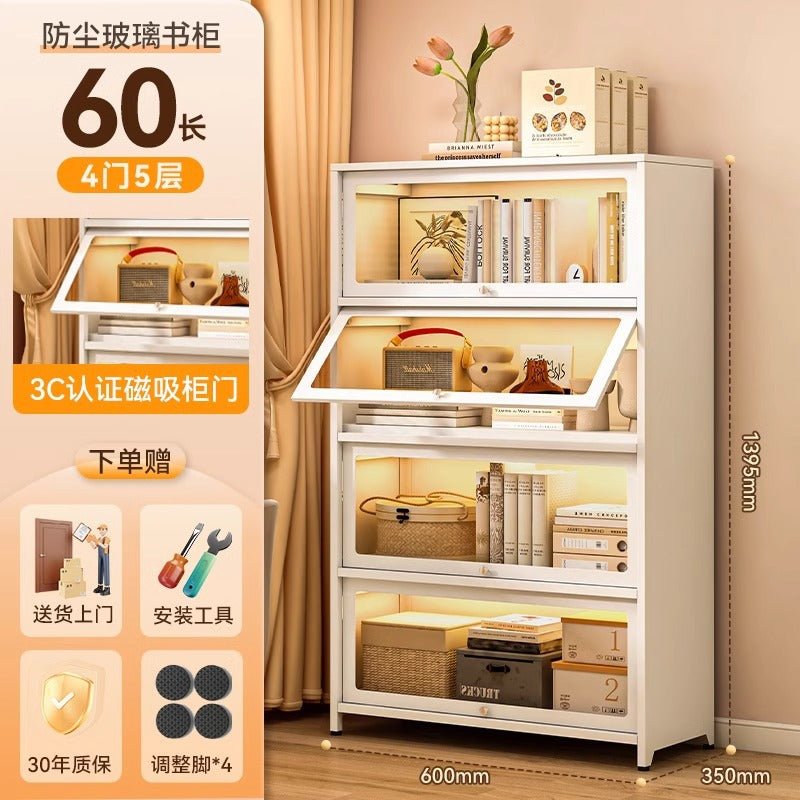 Steel bookcase with glass doors, kids' bookshelf, home living room storage cabinet, dustproof display cabinet, iron art shelf