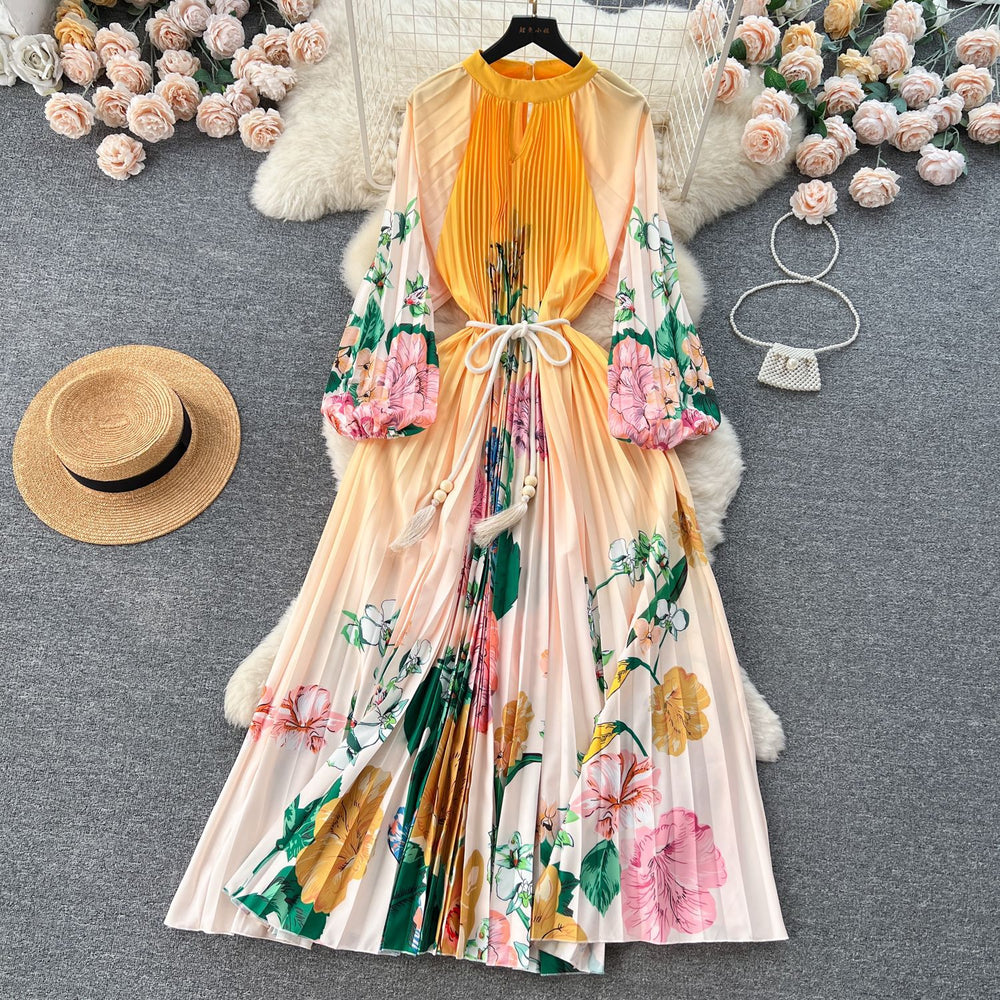 European and american retro court style design printed long dress with heavy pleating, puff sleeves, and pleated skirt - spring collection for women