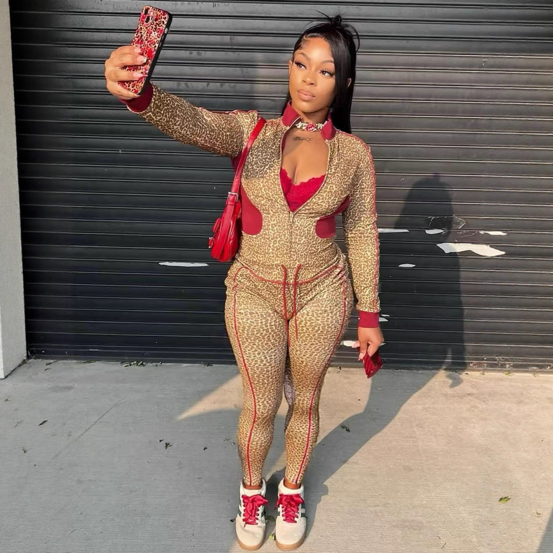 Europe and the United States  2025 new women's clothing leopard print contrasting color long-sleeved zipper cardigan drawstring trousers two-piece set