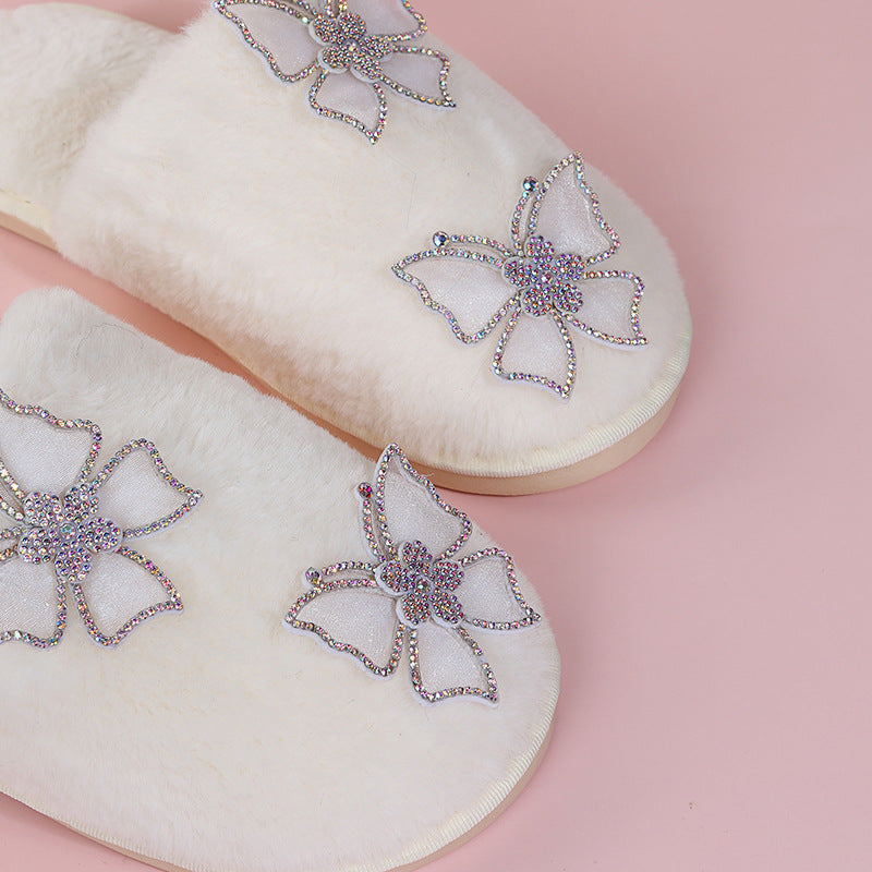 new arrivalins style cotton slippers for women indoor and outdoor flatsheattech shoes autumn and winter rhinestone butterfly popular furry slippers