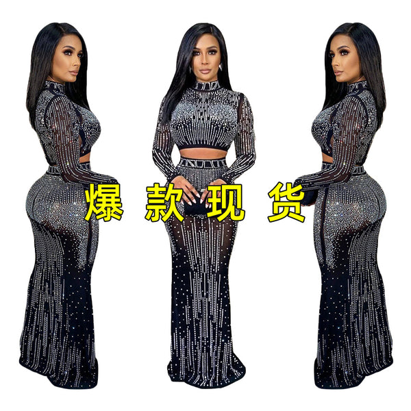 S390227 Cross-border  Women's Ball Dress Evening Dress Elegant Sexy Hot Diamond Skirt Suit Women