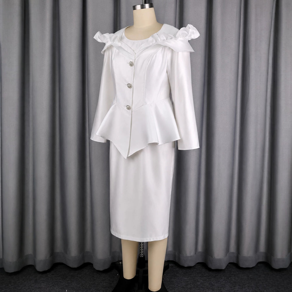 New autumn elegant commute satin skirt set - ruffle trim solid color slim fit beaded button top with bodycon dress
