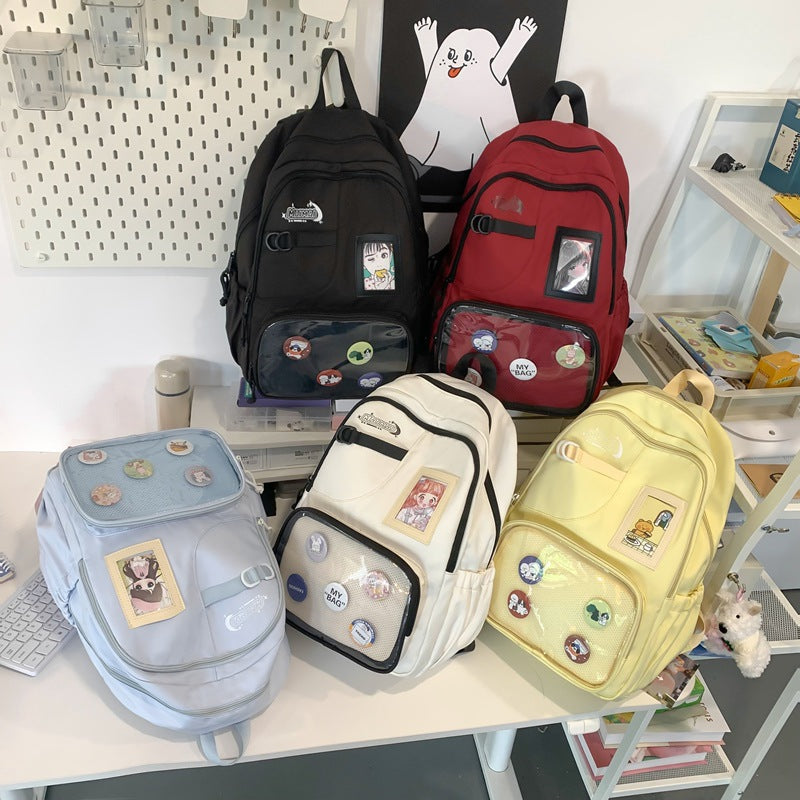Transparent pocket student backpack - large capacity, new korean style cartoon design - wholesale