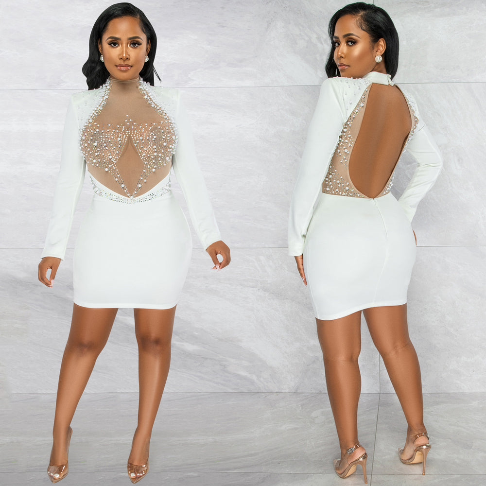 X5681  fashion sexy nightclub rhinestone mesh see-through beaded backless long sleeve midi dress for women