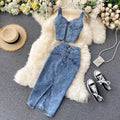 Hong kong style ins women's clothing suit2020new arrival female sexyshort camisole high waist denim skirt trendy