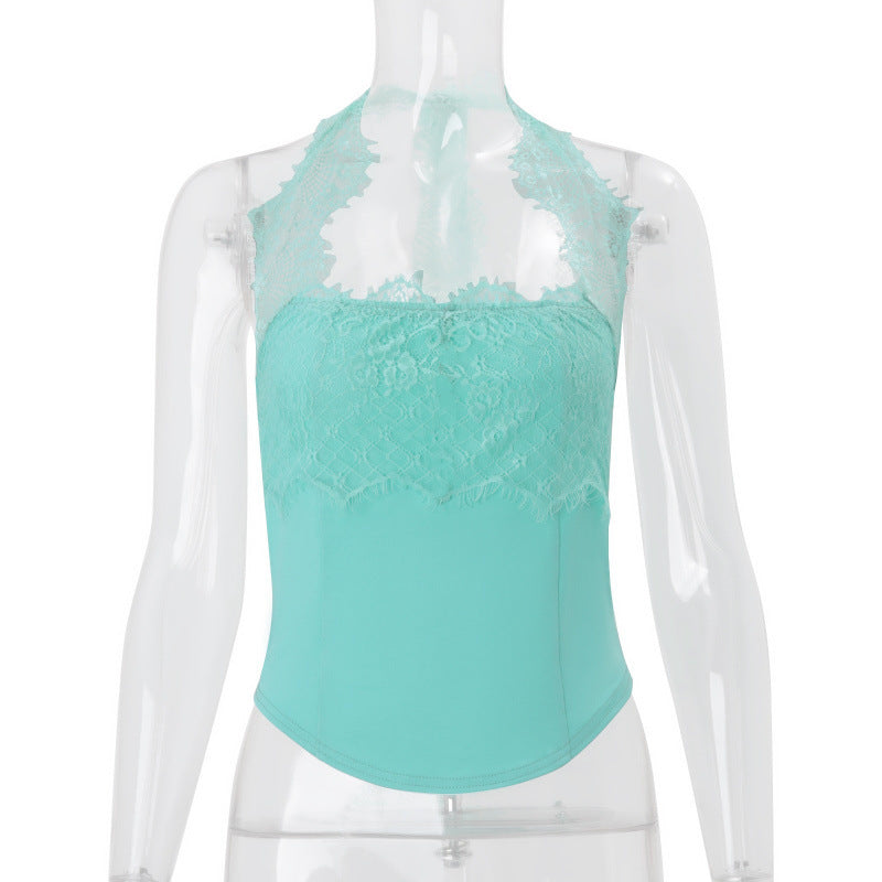 European and american style women's summer  new slim-fit lace patchwork backless asymmetrical halter neck inner layer vest top