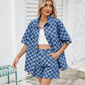 Fashion cross-border women's summer new arrival  thin washed casualloose denim plaid shirt short-sleeved suit