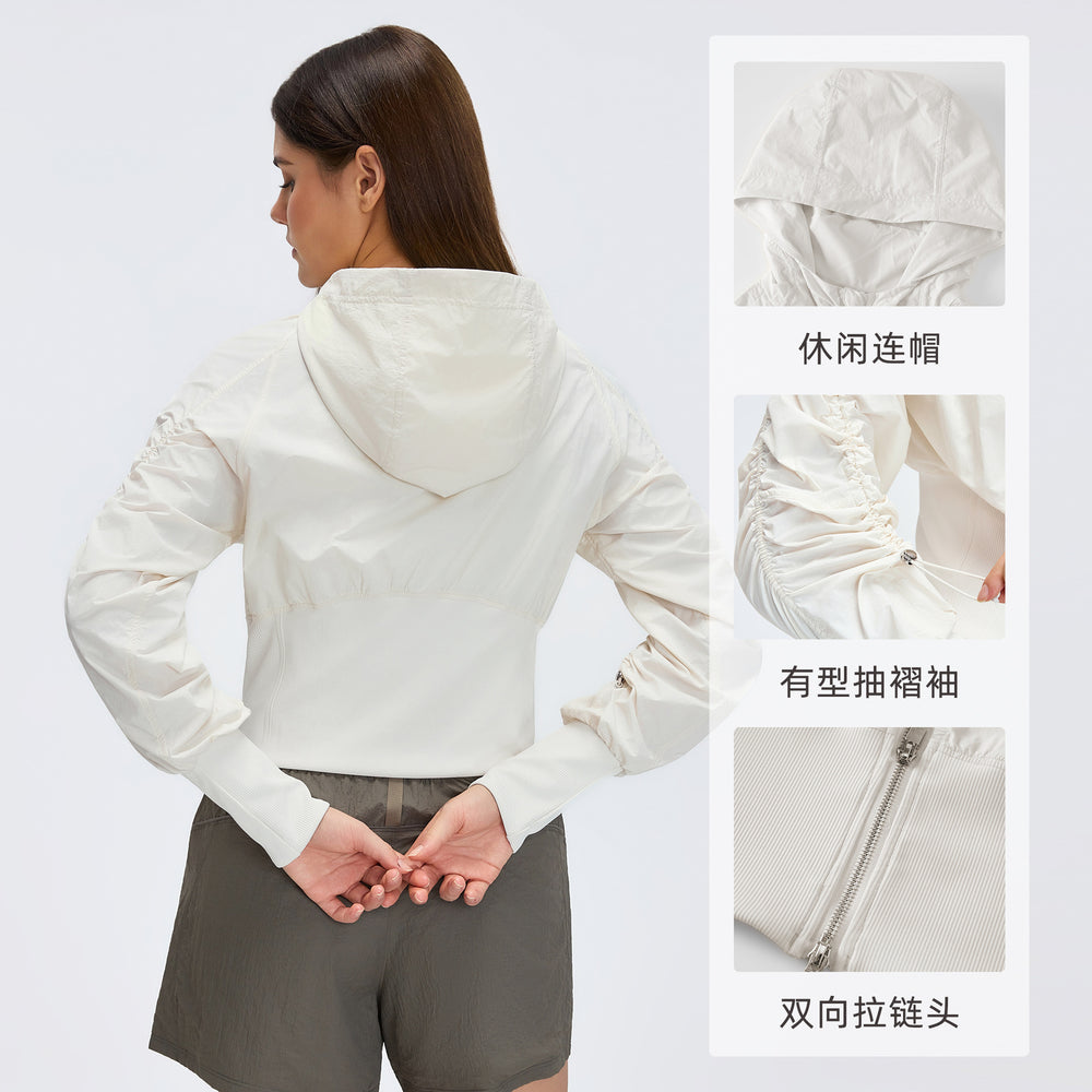 Pleated waist slimming cropped jacket - windproof zip-up outerwear - women's casual hooded cardigan - activewear top d26002