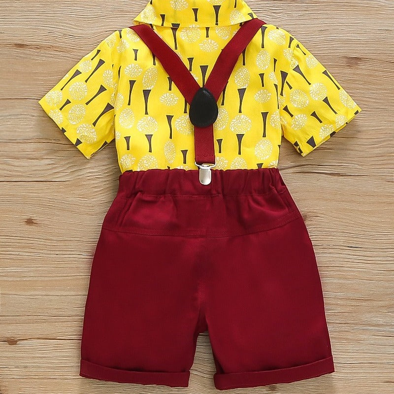 New spring/summer boys' printed short-sleeve and shorts set - gentleman's vacation style two-piece outfit