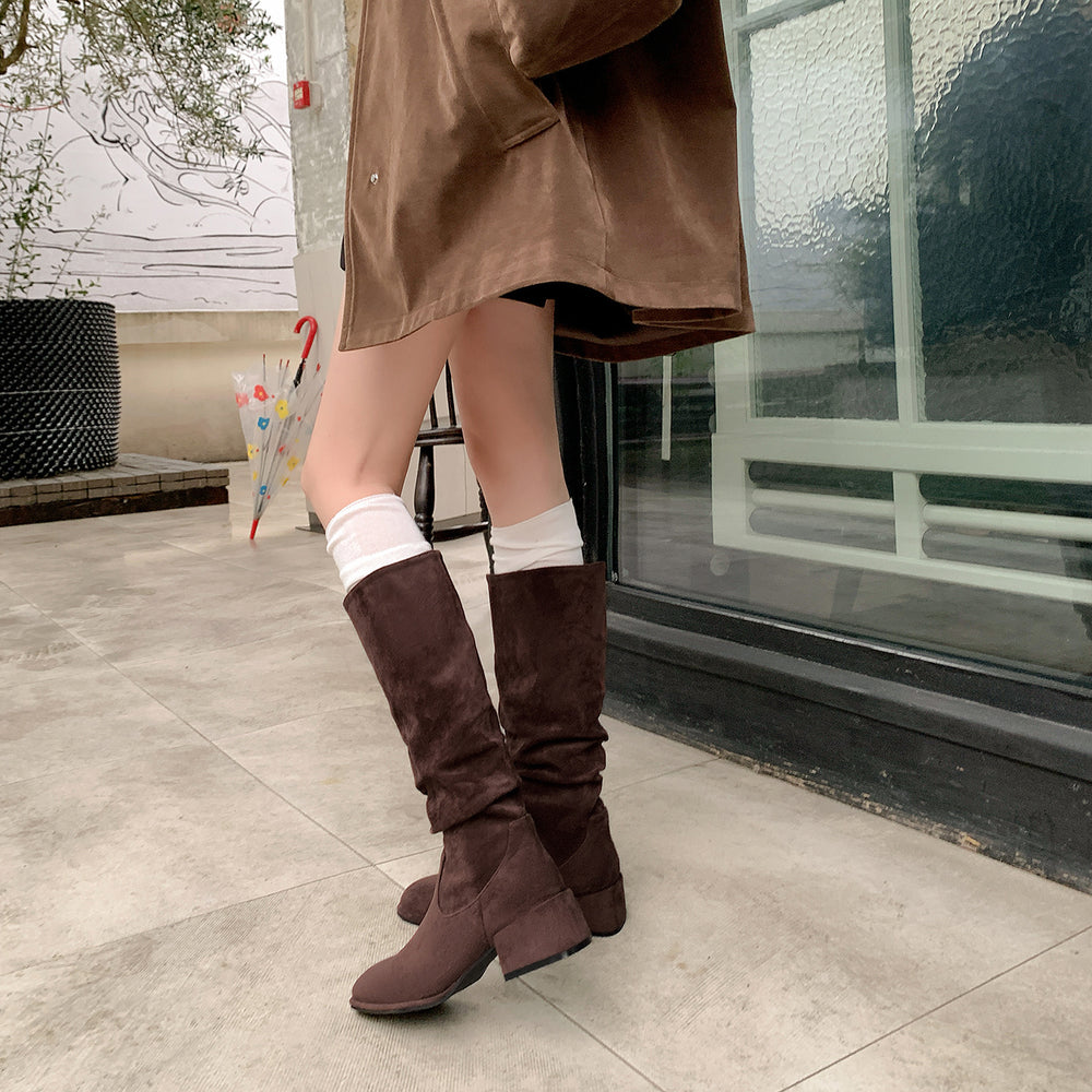 Knight boots for women 2025 new round toe thick heel western boots high boots retroslimming look pleated pile european and american