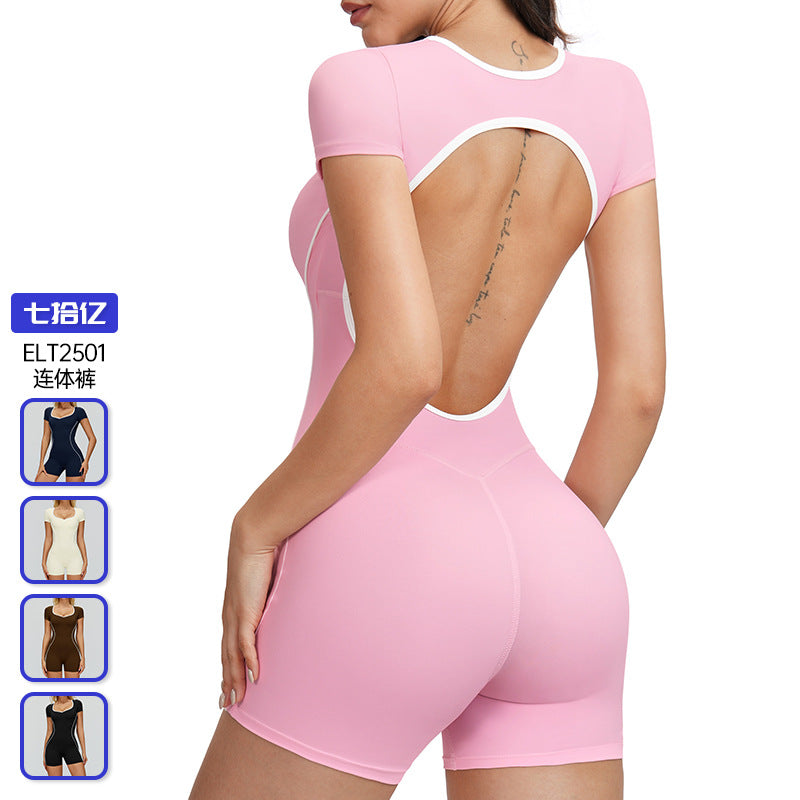 Contrast color nude cross-border jumpsuit cut out beautiful back tight sports fitness wear running exercise yoga wear women 2501