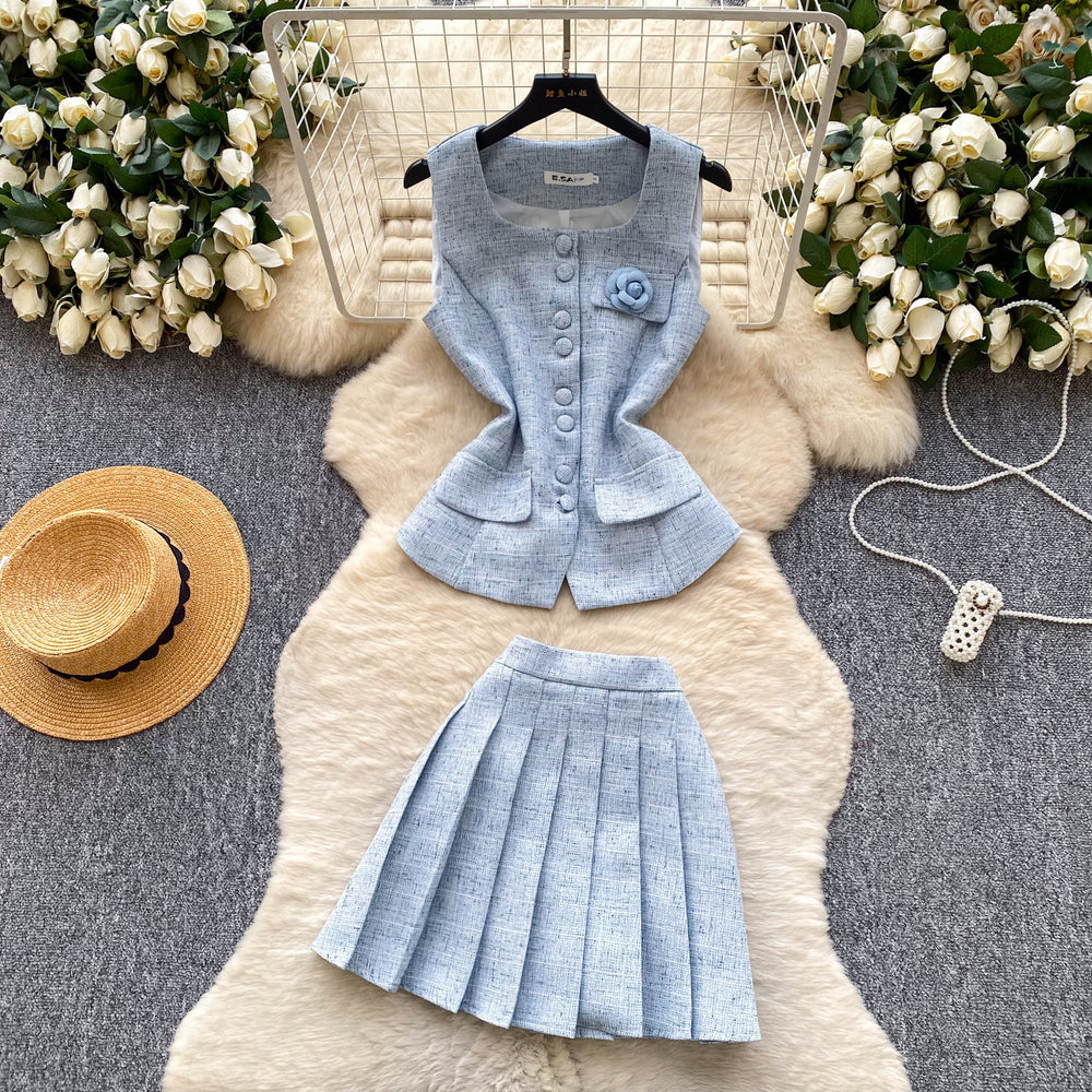 Xiaoxiangfeng single-breasted sleeveless vest pleated skirttwo-piece set female summer light and mature styleeasiest for match age-reducing elegantsuit