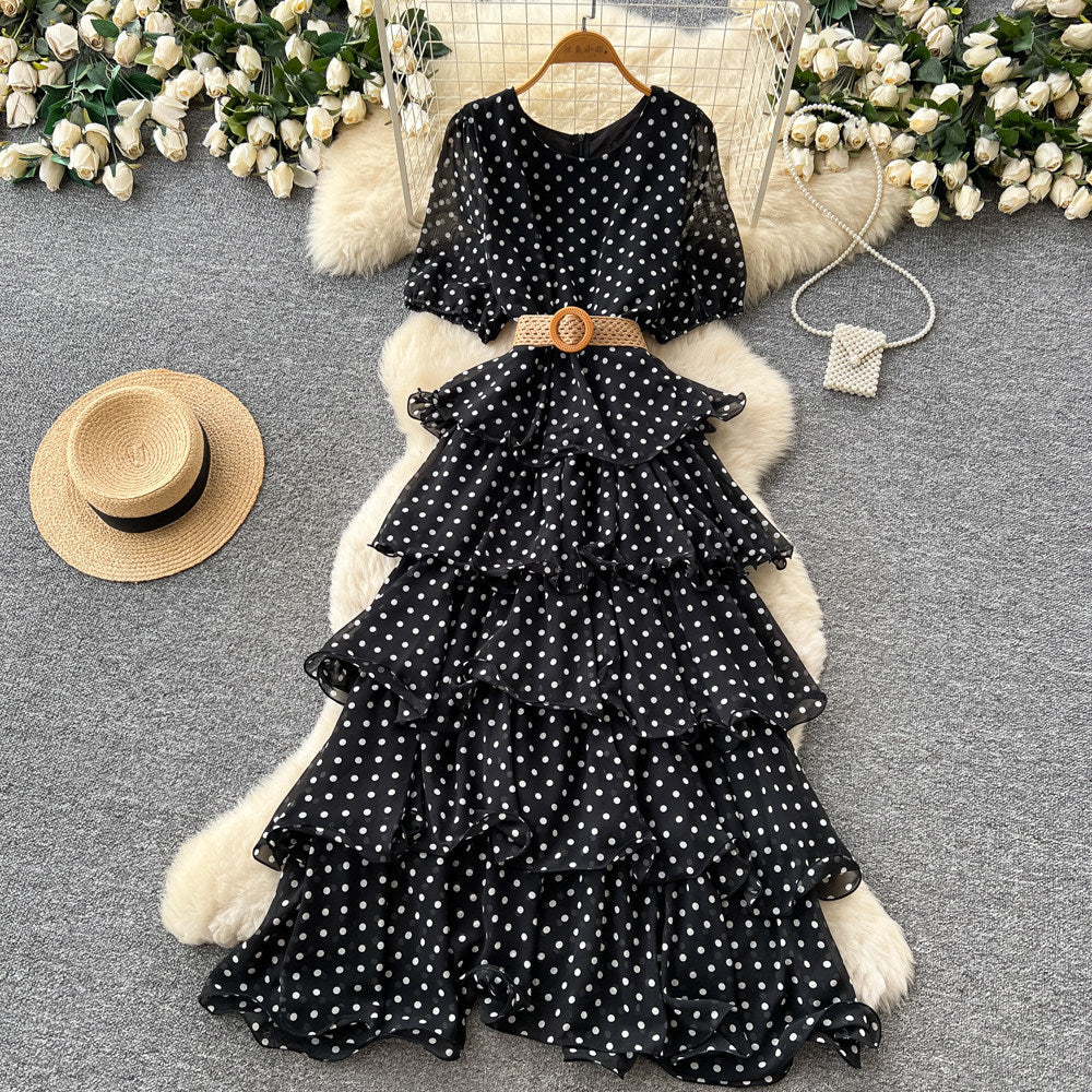 French red polka dot a-line dress - high waist, slimming, tiered cake skirt, elegant workwear maxi dress