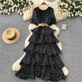 French red polka dot a-line dress - high waist, slimming, tiered cake skirt, elegant workwear maxi dress
