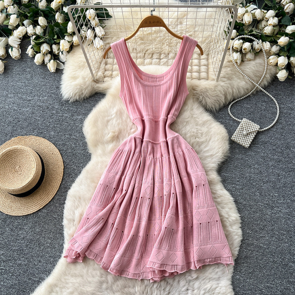 Pure desire style u neck sleeveless knittingcut outdress women's summer k-style purple waist slimming look a-line skirt petites