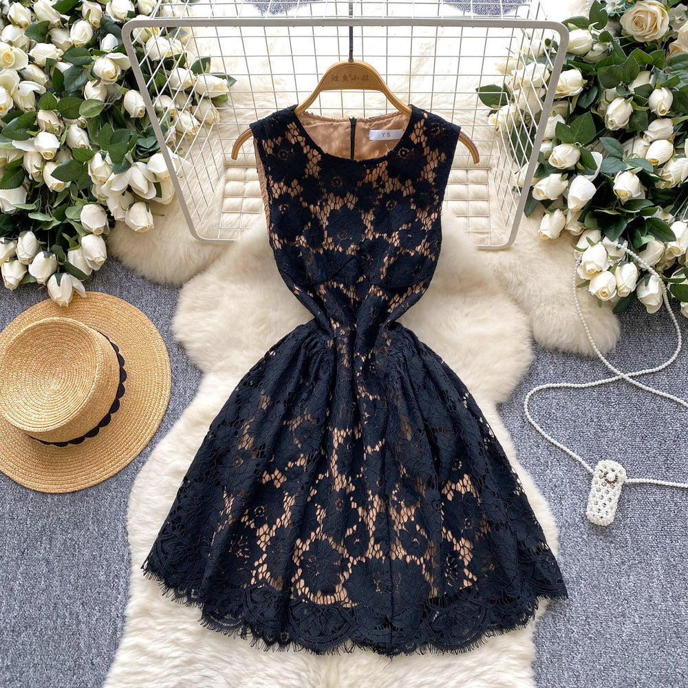 Luxury style sleeveless dress for women - summer mesh lace, cinched waist design, mature & chic, queen bee mini dress