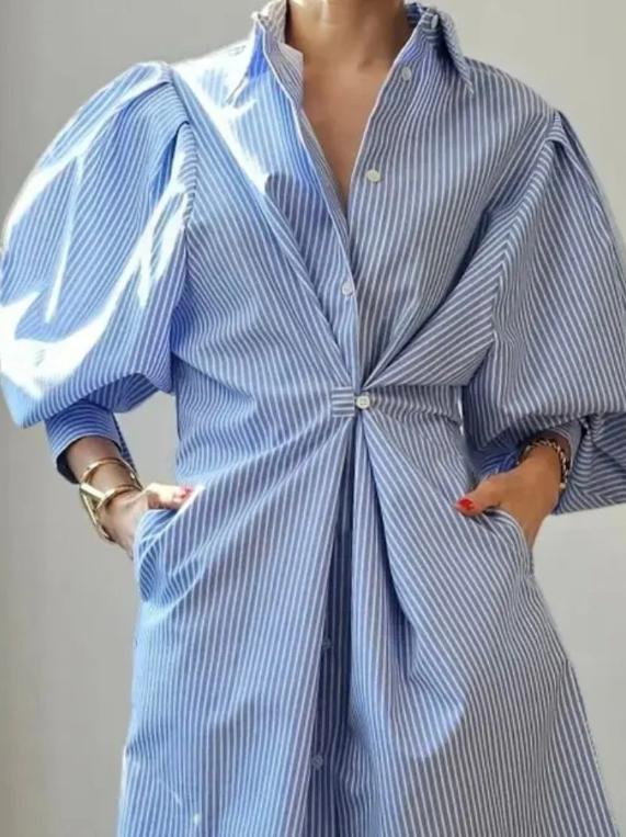 Amazon cross-border summer new french elegant design button-down lantern sleeve irregular hem dress