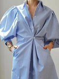 Amazon cross-border summer new french elegant design button-down lantern sleeve irregular hem dress