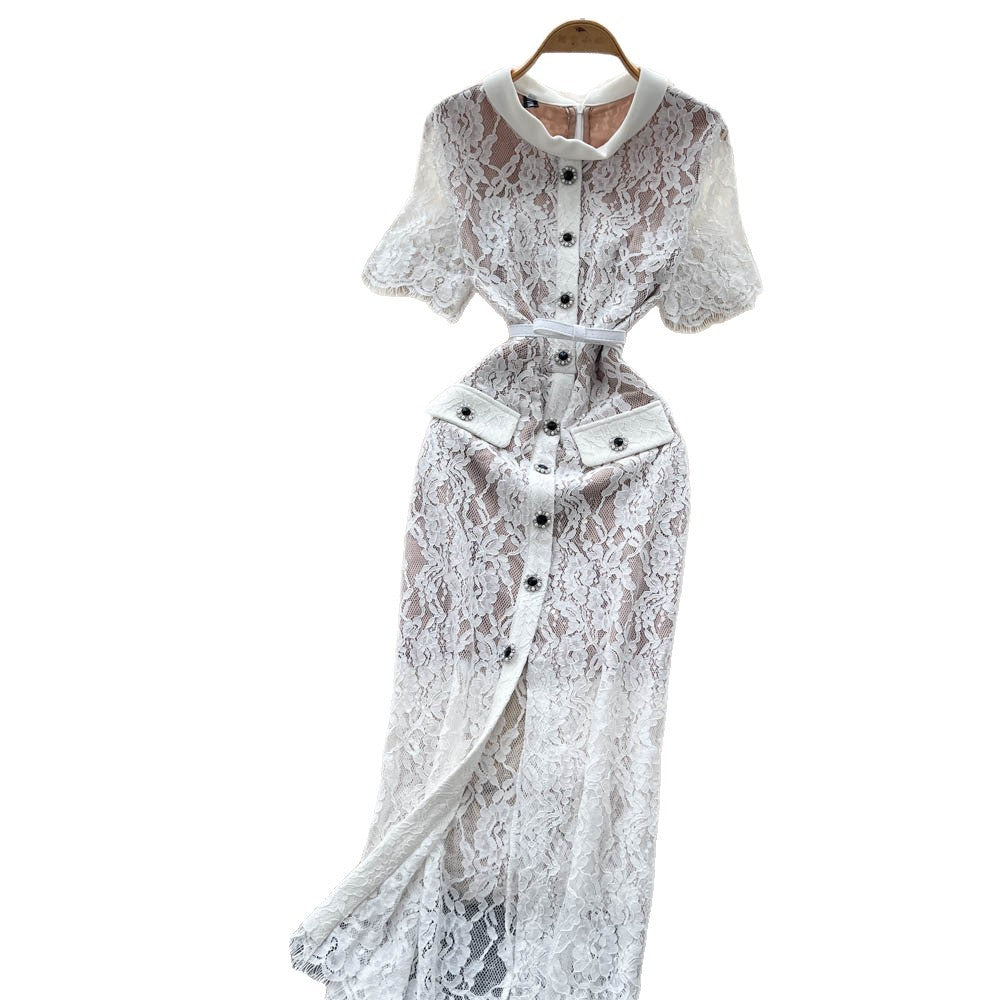 Elegant women's dress -  summer french chic, single-breasted, cinched waist, slim-fit, short sleeve, lace-trimmed slit maxi dress