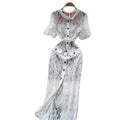Elegant women's dress -  summer french chic, single-breasted, cinched waist, slim-fit, short sleeve, lace-trimmed slit maxi dress