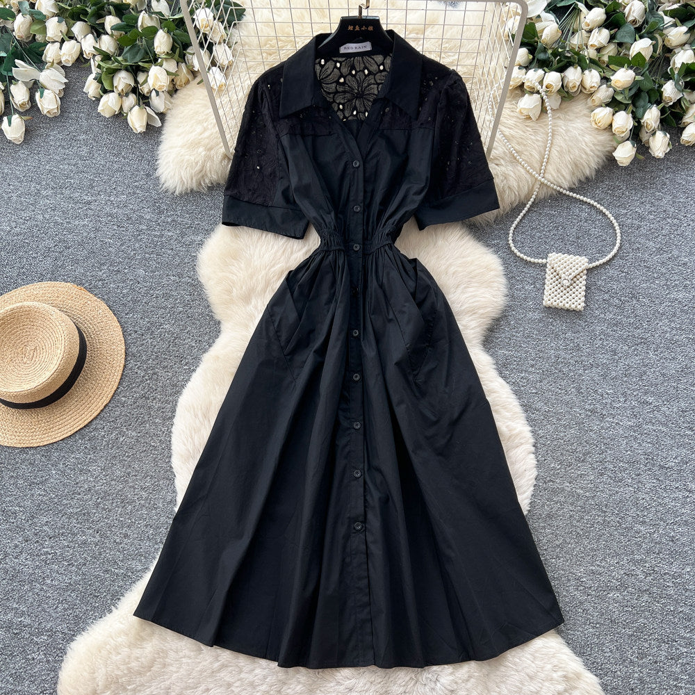 K-stylework clothing style short-sleeved a-line dress women's summer orange lapel shirt waist slimming look light and mature elegance