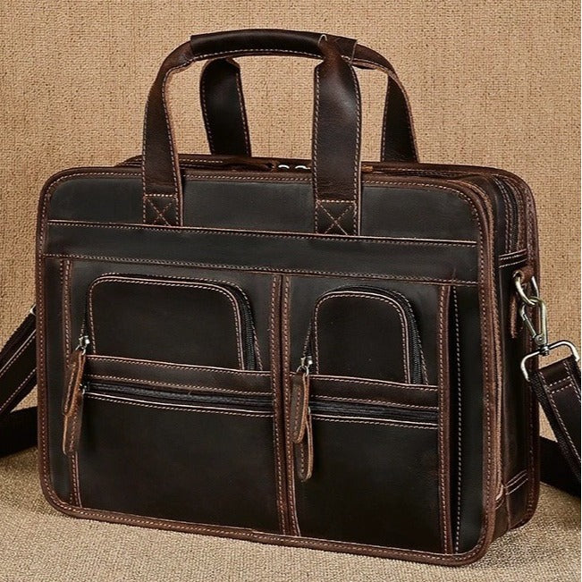 Casual retro genuine leather men's briefcase 15.6inch business handbag shoulder crossbody bag cowhide men's bag