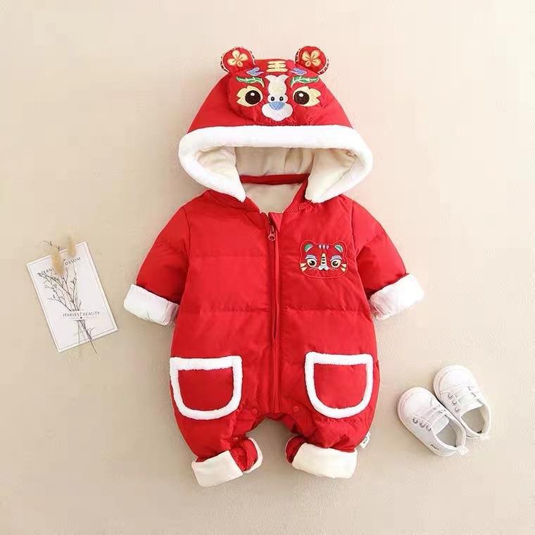 Newborn infant winter chinese new year fleece-lined thickened chinese style new year outfit first birthday warm festive outdoor crawling suit