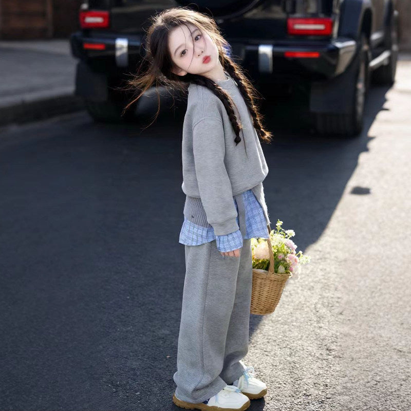 Girls' spring  new collection: korean style retro patchwork three-piece set - sweatshirt & wide-leg pants outfit for mid-to-large children - trendy style