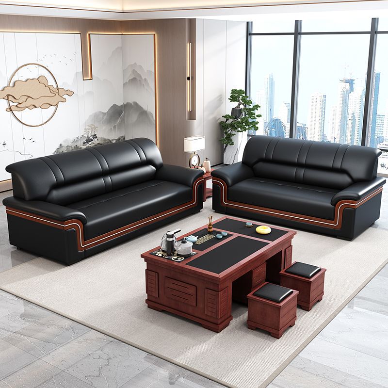 Office sofa solid wood coffee table combination set - genuine leather, minimalist modern style, 1+1+3 configuration for business reception and guest seating