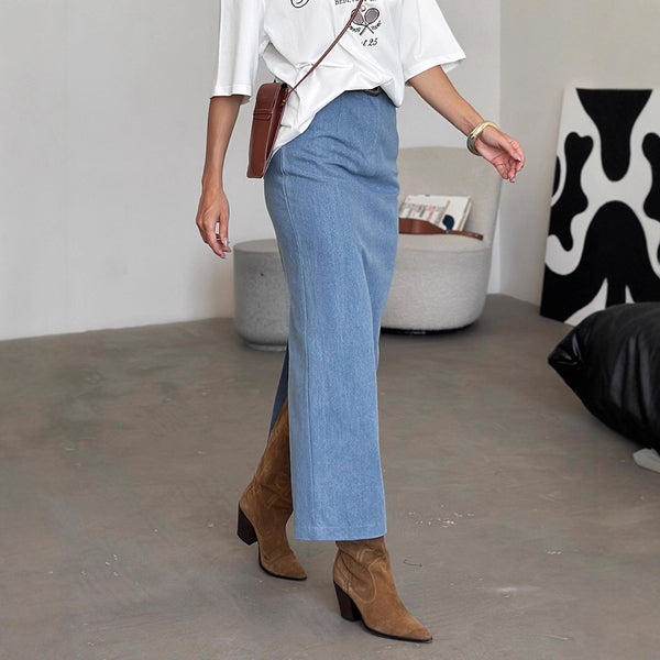 European and American  2025 autumn new blue denim skirt women's versatile slim-fit high-end split hip skirt
