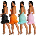 C6609   fashion women's solid color hotfix rhinestone mesh feather tie-up mini dress