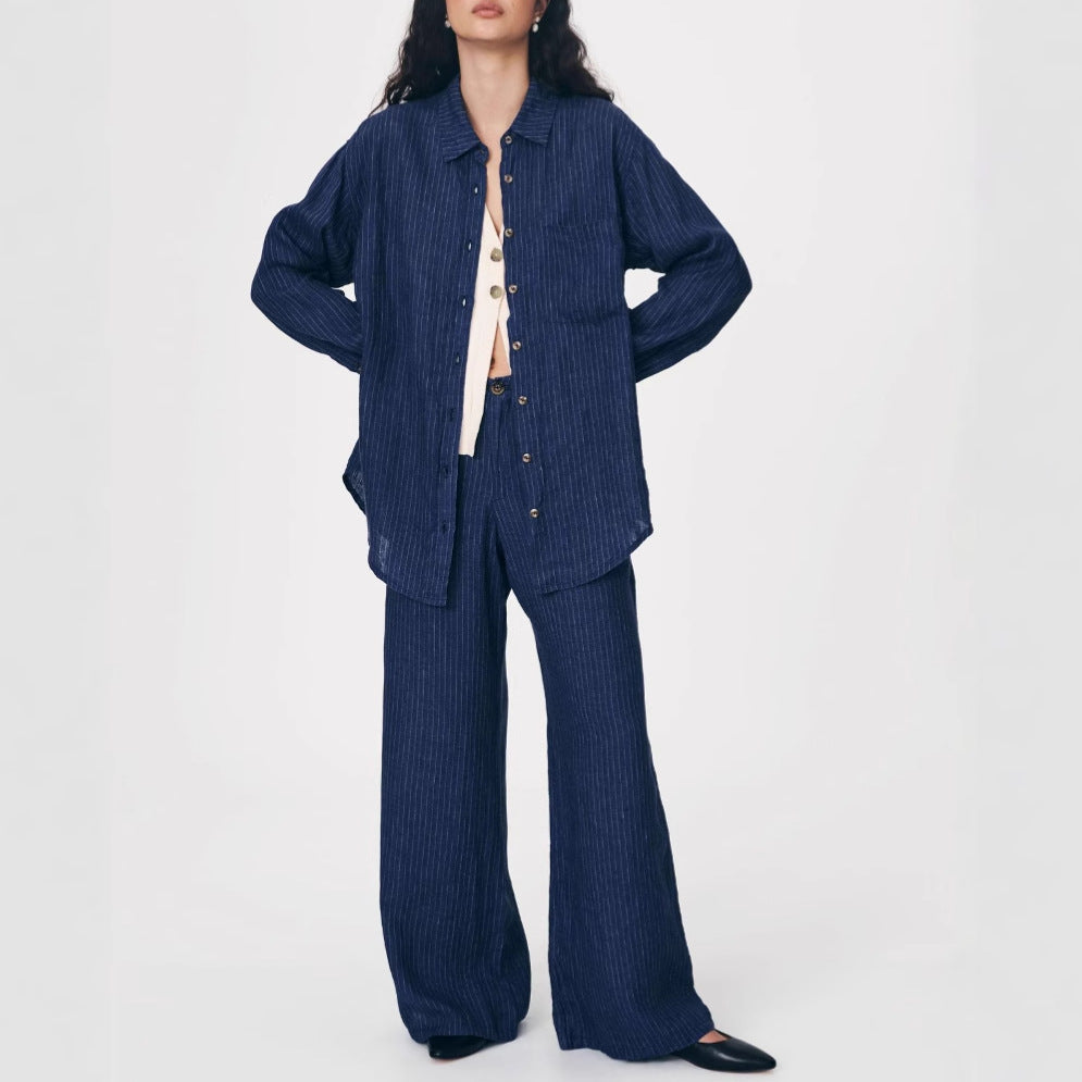 European and American  independent station casual navy blue striped two-piece cardigan top wide-leg pants women's clothing  hot sale