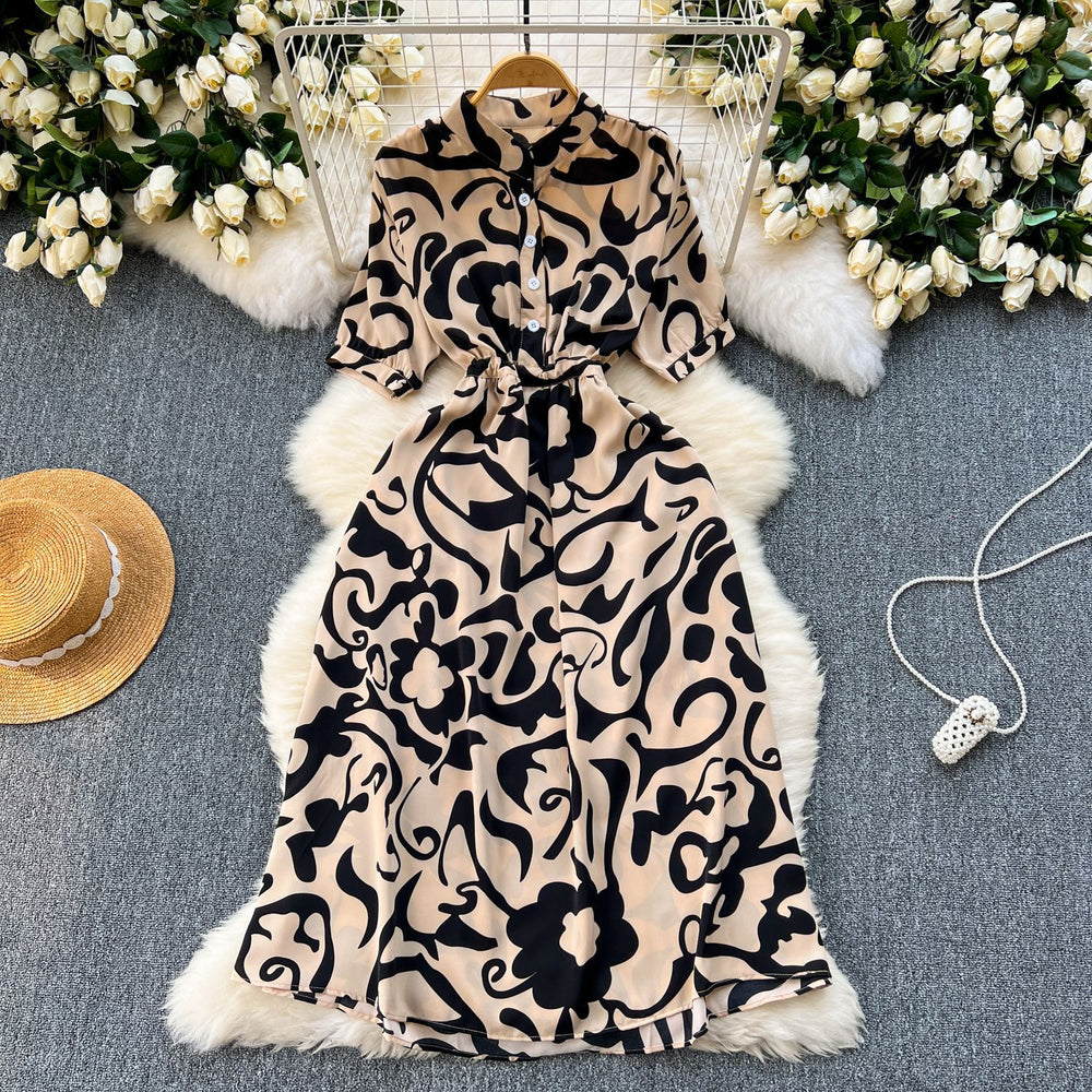 Niche stylesense of designprintingdressfemalenew arrivalsummer tie backwaist slimming lookmedium longvacation skirt