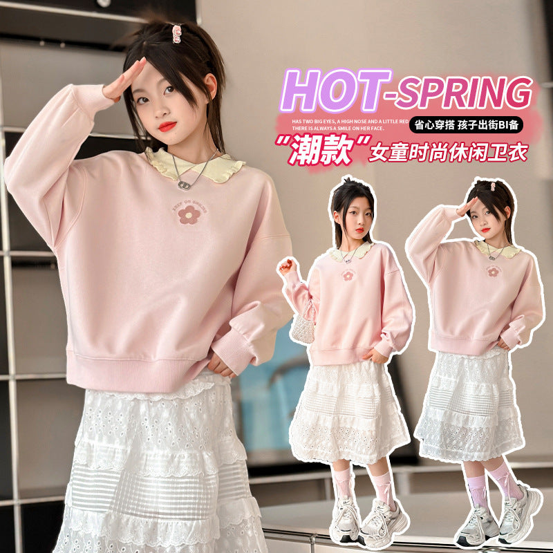 Girls' spring/autumn sweatshirt -  new style, chic and trendy polo collar floral top, loose fit base layer, fashionable
